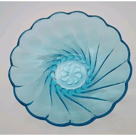 Vtg Hazel Atlas Glass Serving Bowl Dish  Turquoise AZURE BLUE Swirl Seashell 9" - Picture 2 of 5